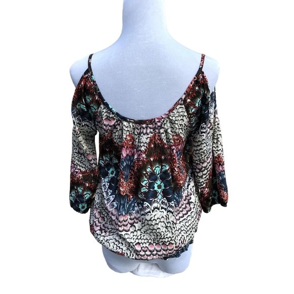 Cold Shoulder Smocked Waist Boho Floral Feather Print Feminine Blouse Size M - Picture 2 of 3